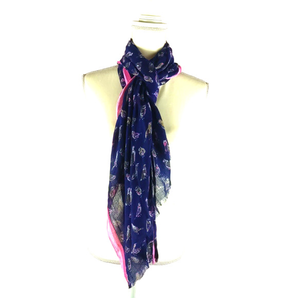 Scarf Bird Pheasant Print Navy Blue Pink Brown Rectangle Lightweight 76" X 25" - Picture 5 of 6